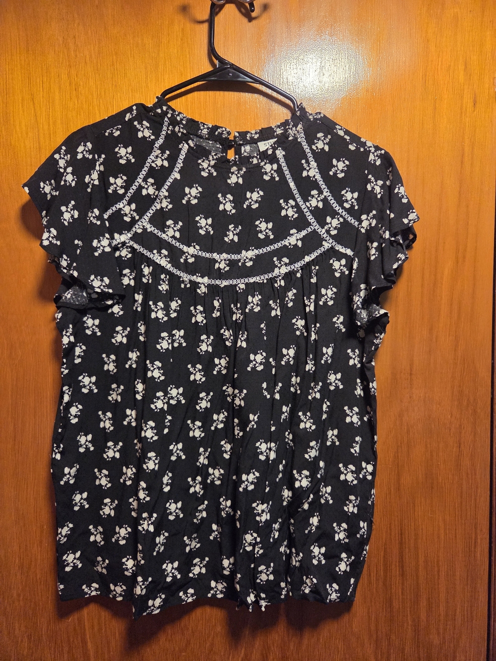 Black Floral Short-Sleeve Smocked Yoke Blouse
